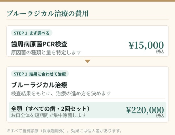 ブルーラジカル治療の費用 歯周病原菌PCR検査15,000円 全顎2回セット220,000円 いずれも税込・自費診療