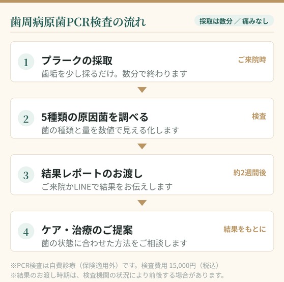 歯周病原菌PCR検査の流れ 採取は数分で痛みなし プラークの採取 5種類の原因菌を調べる 約2週間後に結果レポートのお渡し 結果をもとにケア治療のご提案 検査費用15,000円税込 自費診療